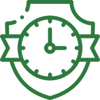 Residential landscaping A green outline drawing of a shield with a clock face in the center, showing the time as 3:00. The shield also has two ribbon-like shapes on either side of the clock.