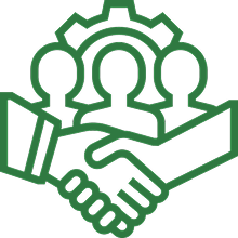 Residential landscaping Green outline illustration of two hands shaking in the foreground, with three human figures and a gear symbol in the background, suggesting teamwork, partnership, or collaboration.
